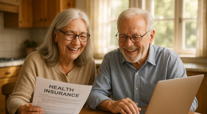 Couple senior souriant examinant documents d'assurance santé