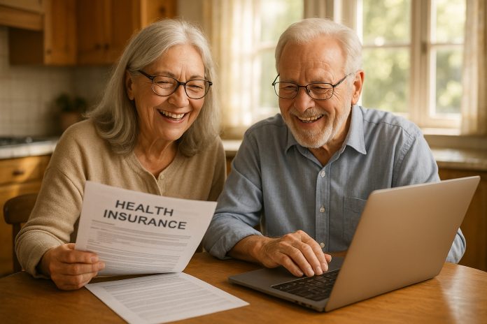 Couple senior souriant examinant documents d'assurance santé