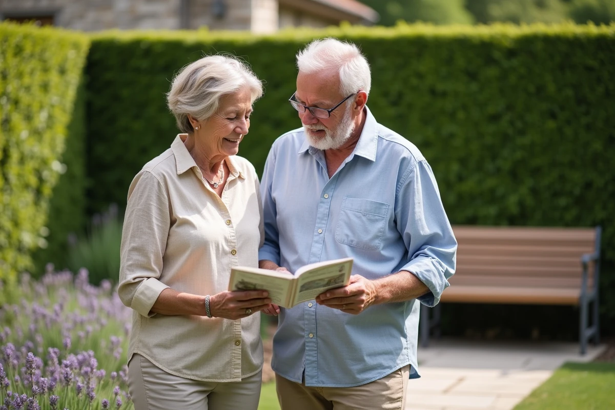 Couple de seniors consultant une brochure sur les plafonds de retraite dans leur jardin en 2026