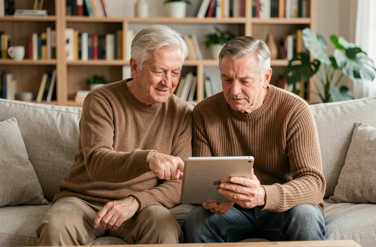 Couple de seniors consultant ensemble leur compte retraite Agirc Arrco via France Connect sur une tablette dans le salon