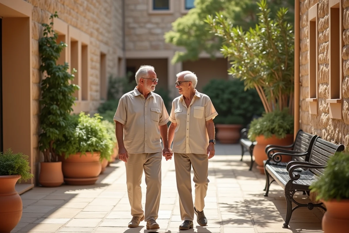 Couple de seniors se promenant dans la cour d'une résidence senior à Nîmes, illustrant la vie quotidienne en résidence