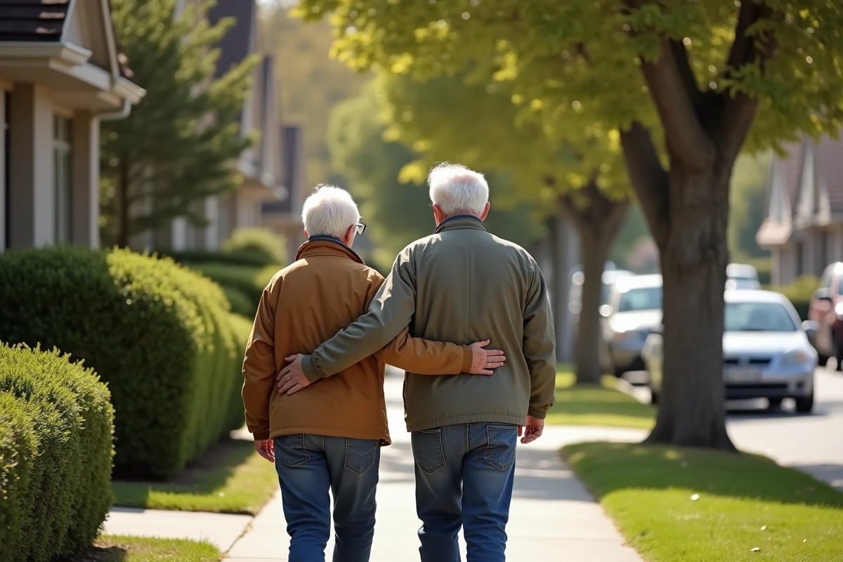 Couple agee marchant main dans la main dans un quartier calme