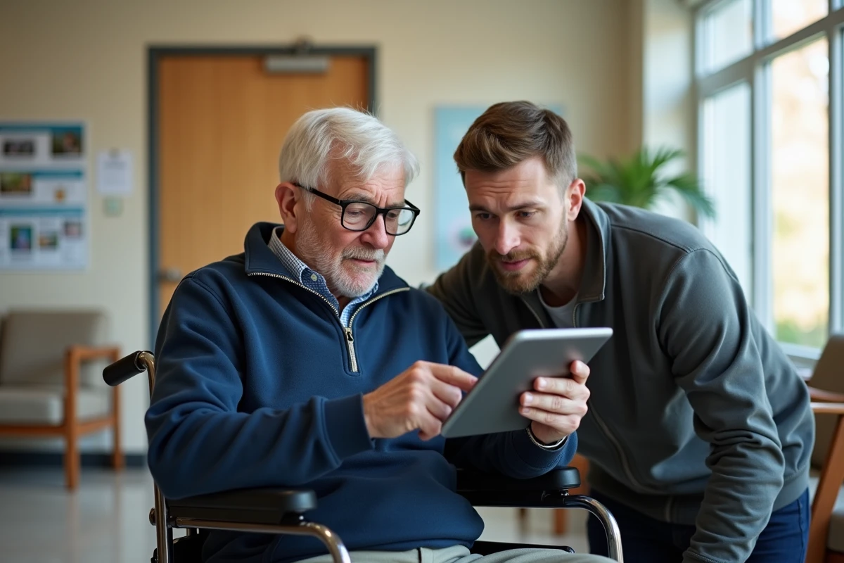 Un senior en fauteuil roulant accompagné d'un proche consultant des informations sur la révision du GIR dans un centre de santé