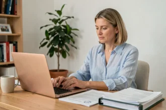 Femme consultant ses démarches administratives en ligne sur un ordinateur portable dans un bureau à domicile