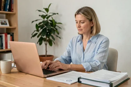 Femme consultant ses démarches administratives en ligne sur un ordinateur portable dans un bureau à domicile