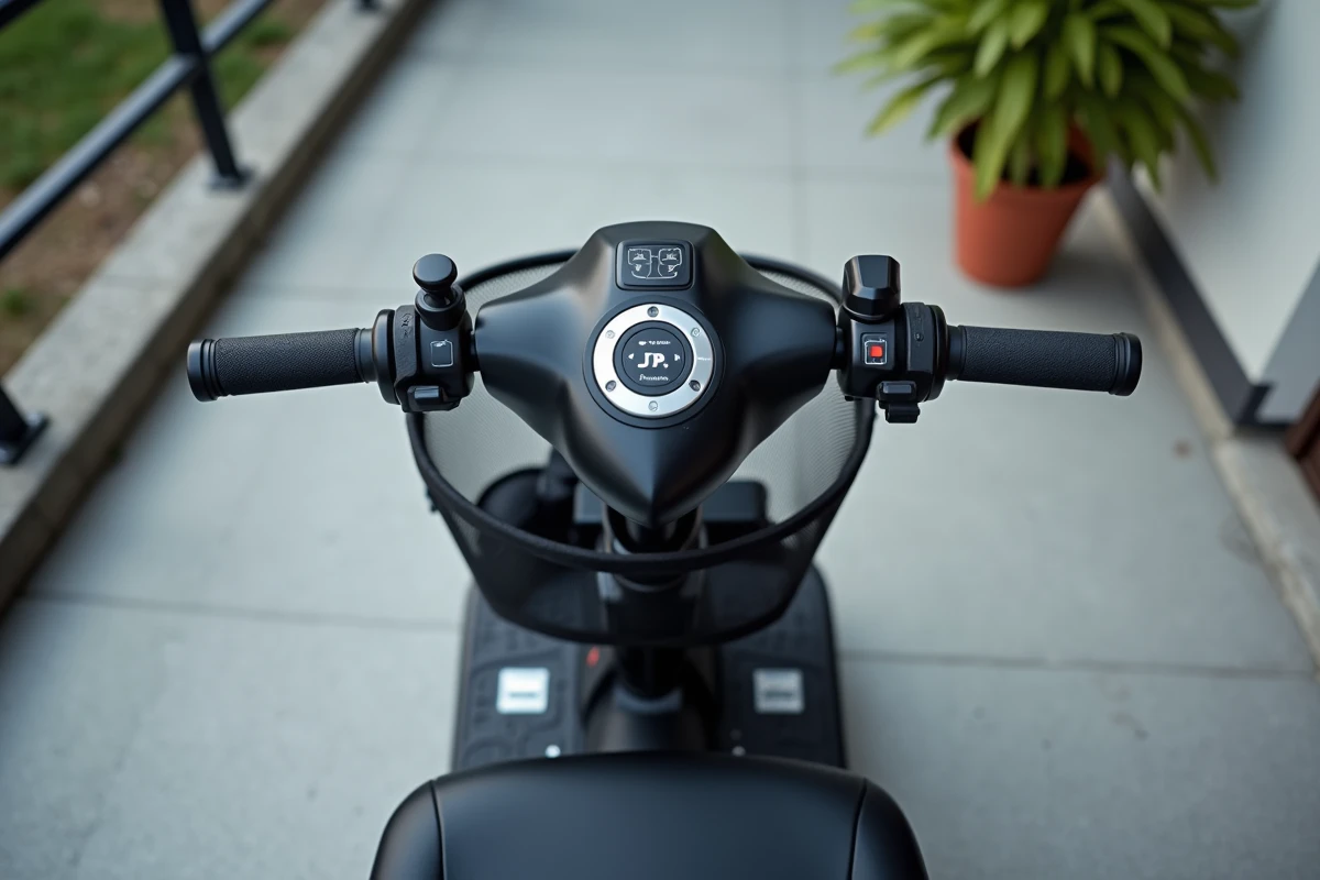 Gros plan sur le tableau de bord et les commandes ergonomiques d'un scooter électrique PMR garé près d'une rampe d'accès résidentielle