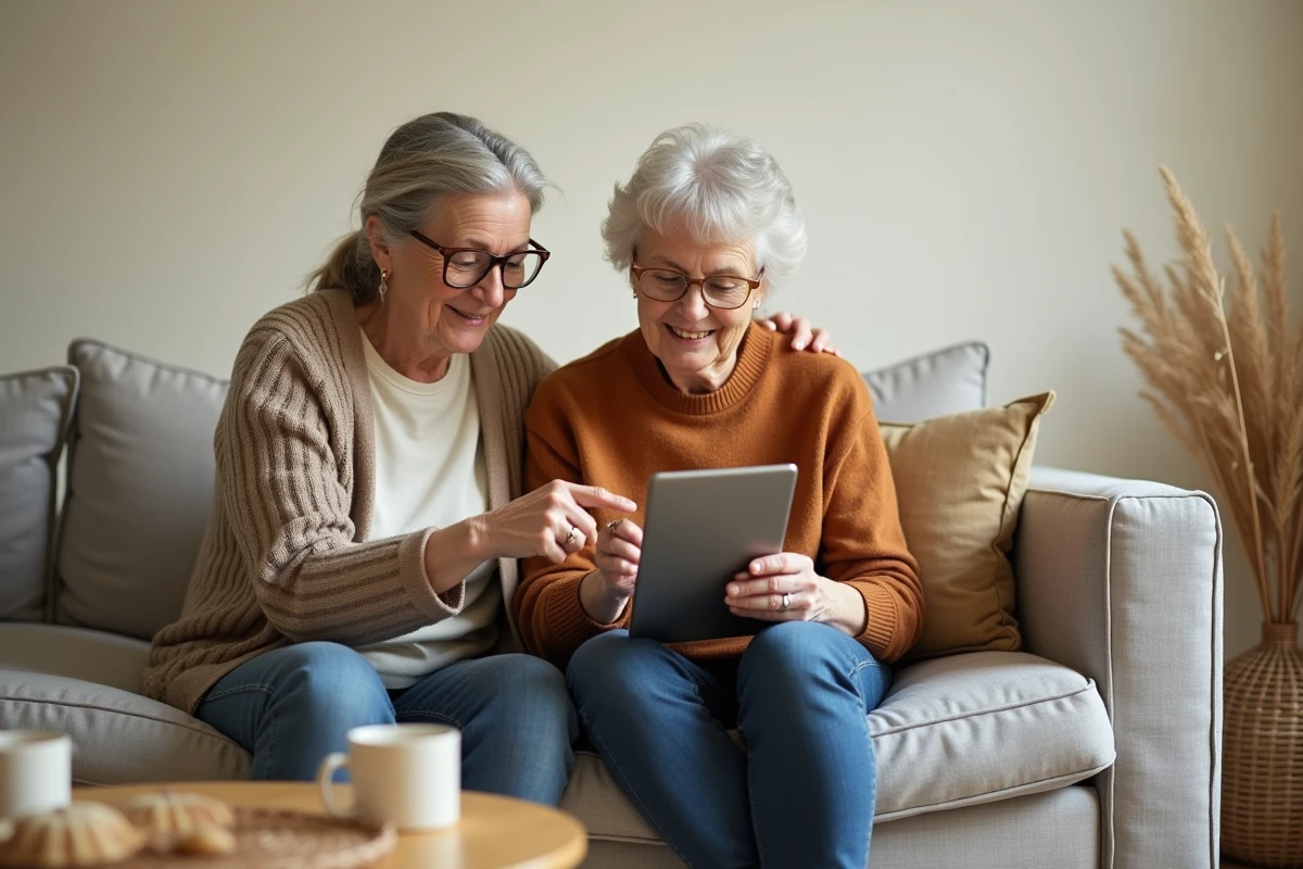 Deux femmes seniors s'entraident pour configurer les réglages de confidentialité de l'application Disons Demain sur tablette