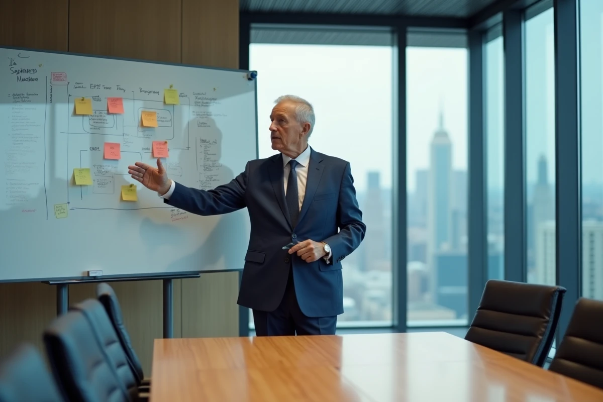 Dirigeant senior animant une session de consulting stratégique devant un tableau de travail en entreprise
