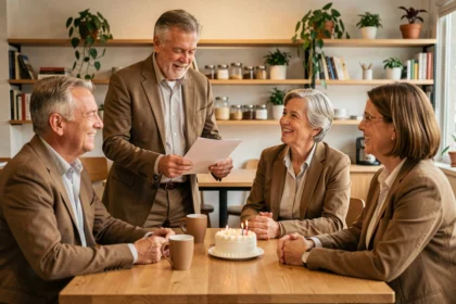 Collègues réunis pour un discours de départ en retraite autour d'une table en bois avec gâteau et café