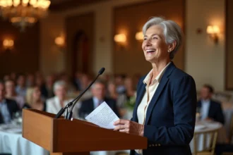 Femme souriante prononçant un discours humoristique lors d'une fête de départ à la retraite devant des collègues amusés