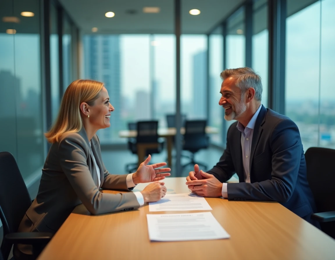 Employée et employeur discutant d'une lettre de départ à la retraite lors d'une réunion professionnelle