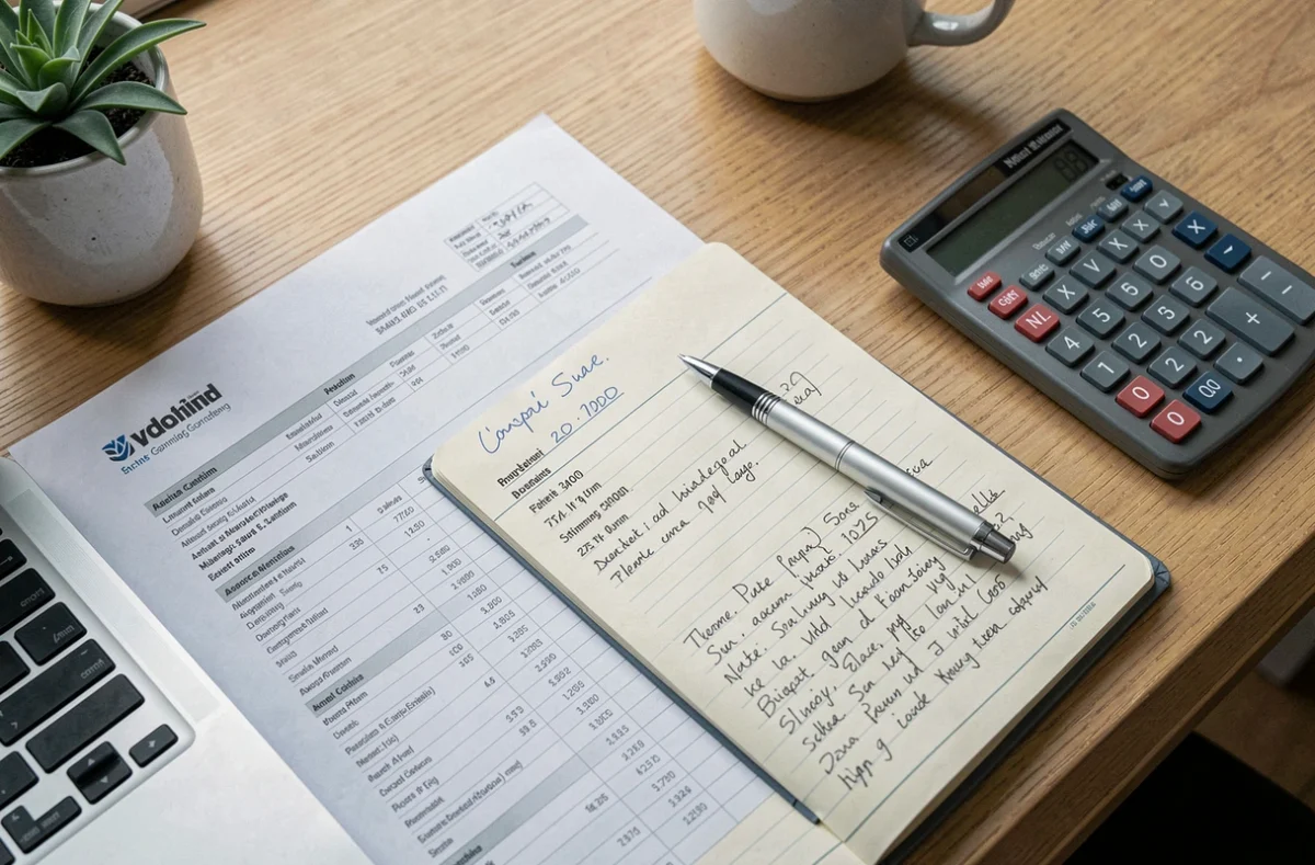 Vue de dessus d'un bureau avec documents de comptes de tutelle, calculatrice et relevés financiers organisés