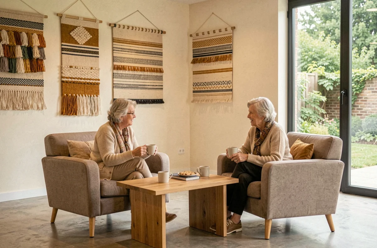 Salon commun de la résidence Domitys Les Tisserands à Beauvais avec deux résidentes en conversation