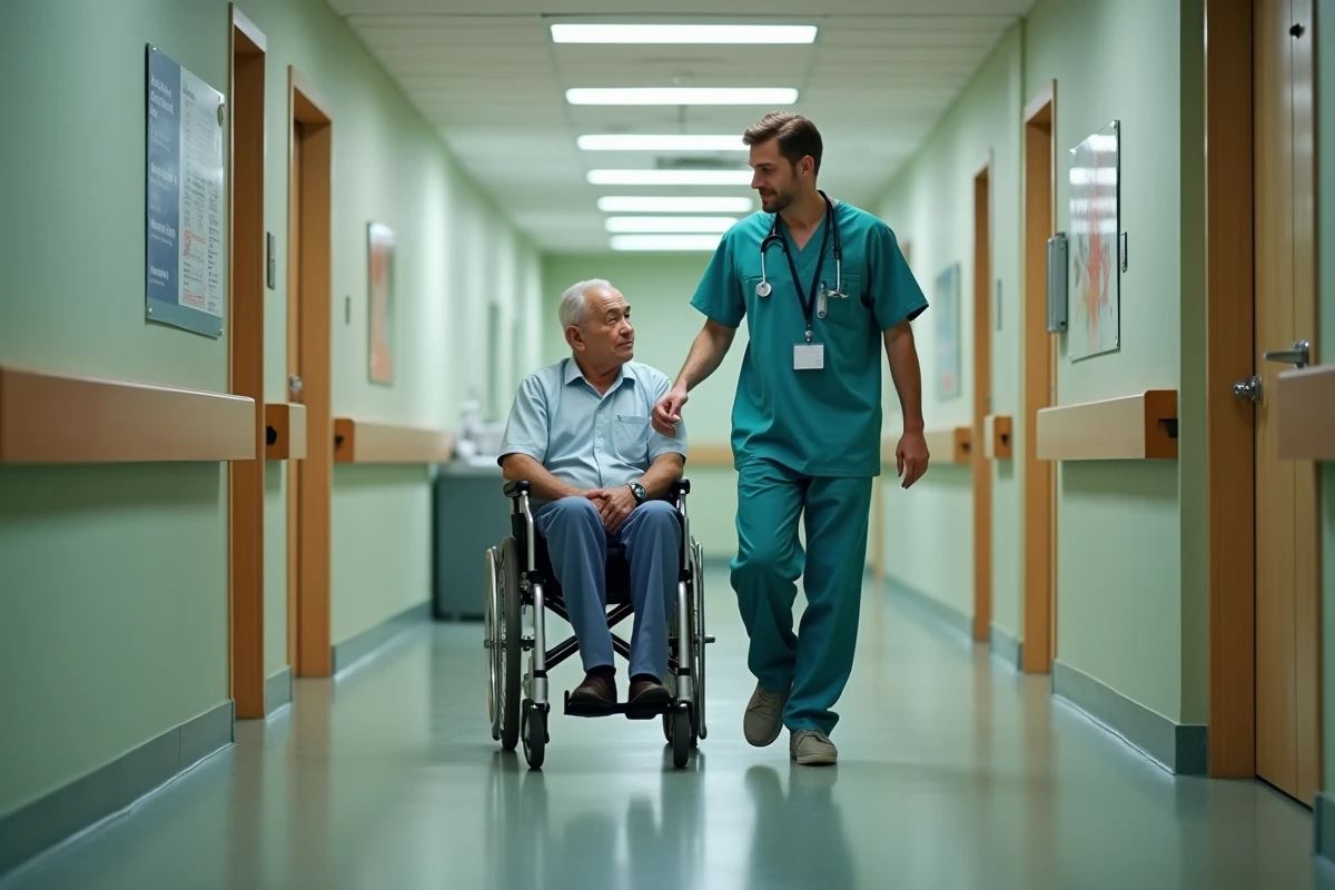 Aide-soignant accompagnant un résident âgé en fauteuil roulant dans le couloir d'un EHPAD à Nîmes