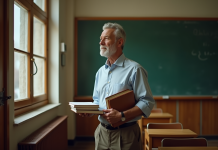 Âge moyen enseignant retraite : Quel âge partent-ils ? Professeur d'âge moyen dans une salle de classe vide