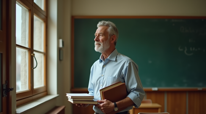 Professeur d'âge moyen dans une salle de classe vide