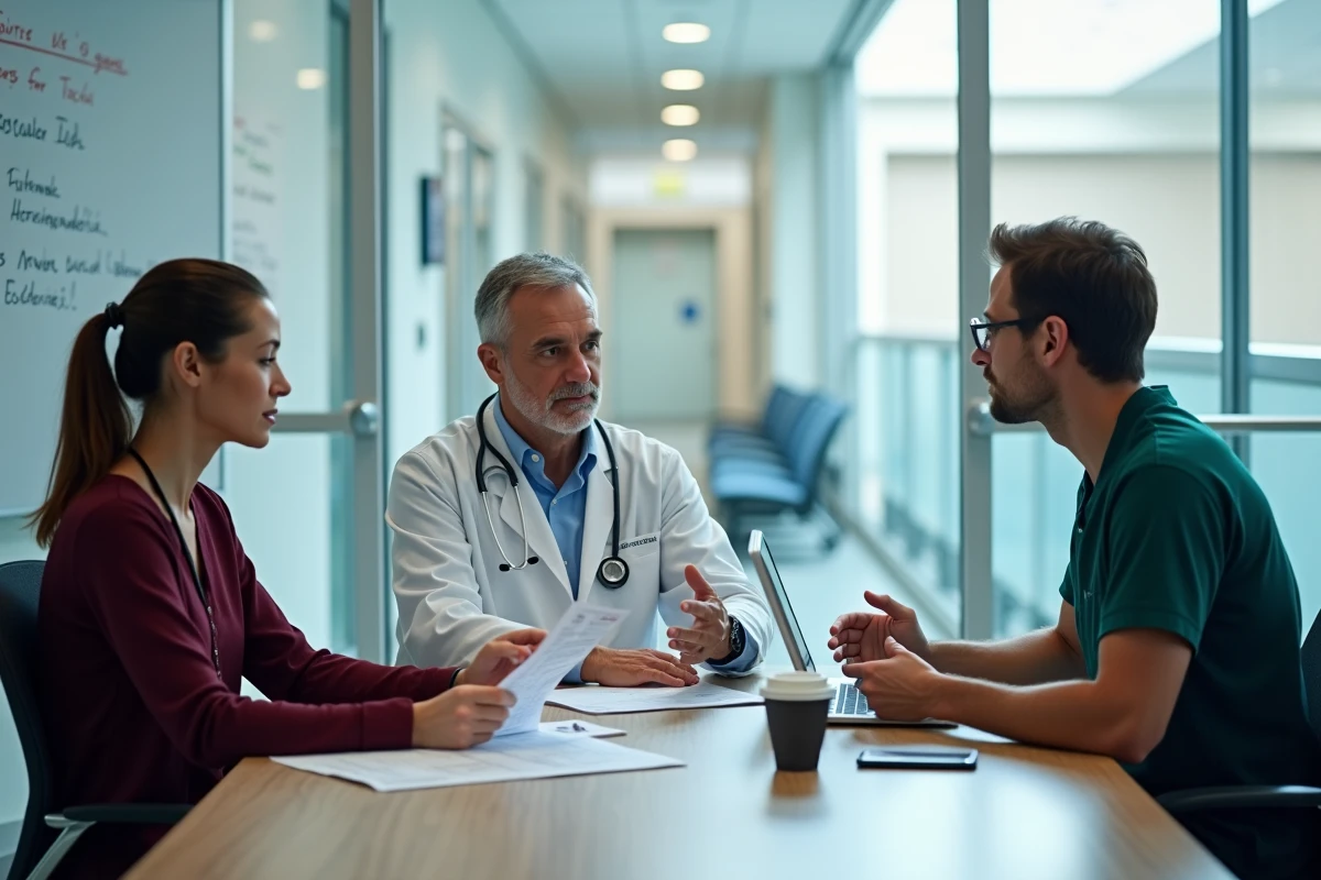 Équipe pluridisciplinaire de soins discutant d'un plan de soins adapté à partir des résultats du score IADL en salle de réunion hospitalière
