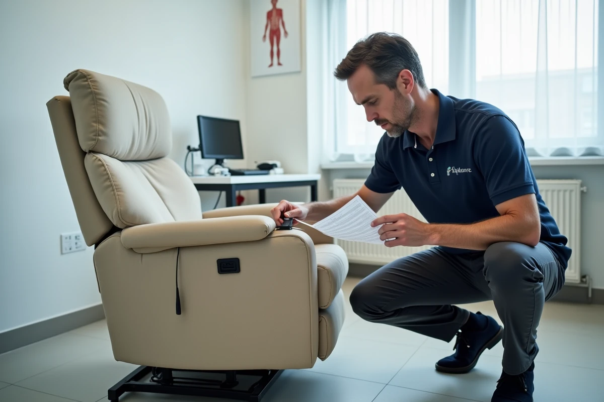 Ergothérapeute expliquant le fonctionnement d'un fauteuil releveur à un patient dans un cabinet médical, dans le cadre d'une demande de remboursement Sécurité sociale