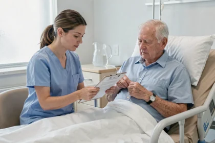Infirmière évaluant les capacités fonctionnelles d'un patient âgé à l'aide d'une grille ADL en milieu hospitalier