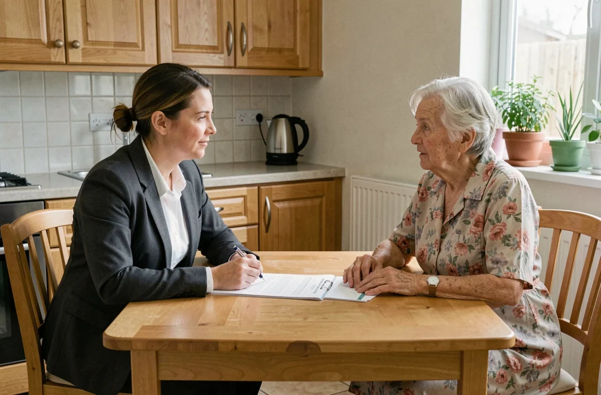 Évaluation à domicile par une professionnelle de santé avec une personne âgée pour déterminer le niveau GIR et les besoins d'aide