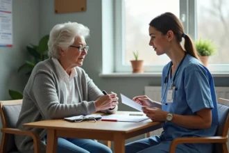 Infirmière gériatrique évaluant le score IADL d'une patiente âgée lors d'une consultation en salle d'évaluation clinique