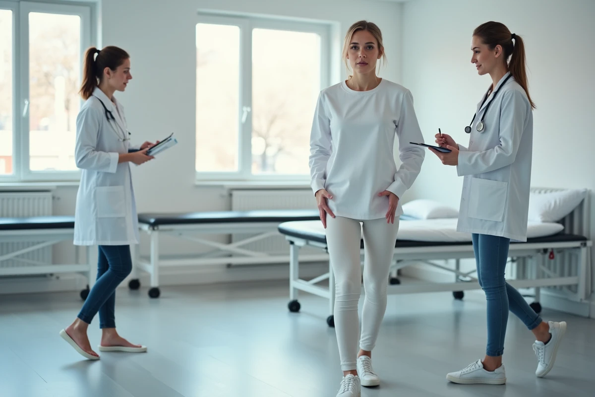 Physiothérapeute observant la marche d'une jeune femme en clinique, évaluation de la vitesse de marche normale