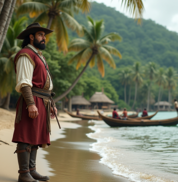 Explorateur portugais en tenue du 16e siècle sur la plage tropicale