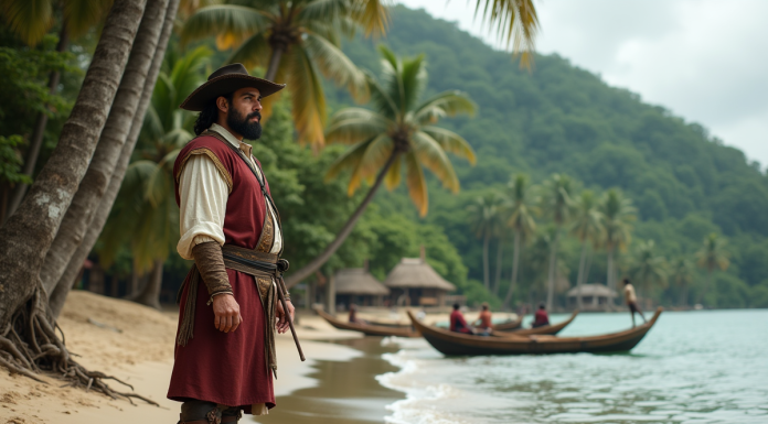 Explorateur portugais en tenue du 16e siècle sur la plage tropicale