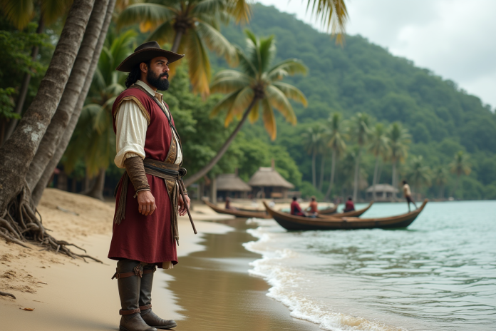 Explorateur portugais en tenue du 16e siècle sur la plage tropicale