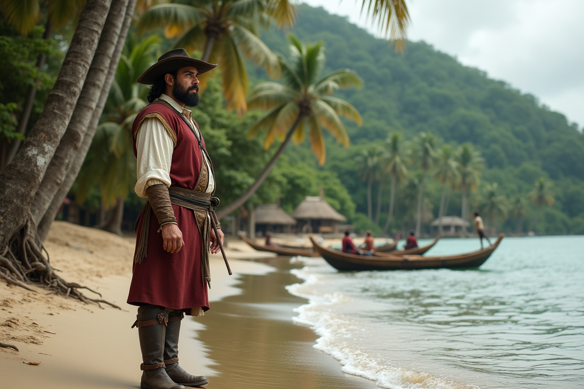 Explorateur portugais en tenue du 16e siècle sur la plage tropicale