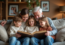 Famille multigeneration souriante dans le salon