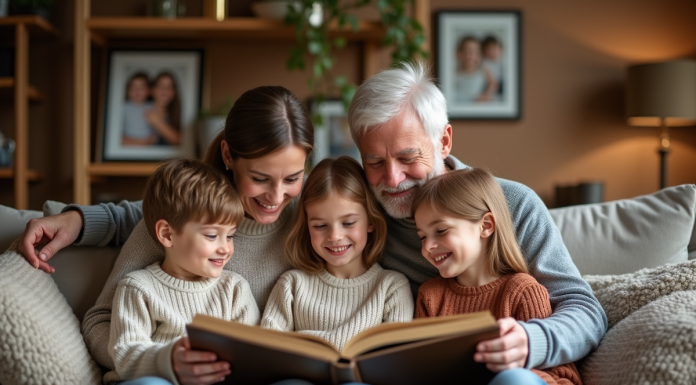 Famille multigeneration souriante dans le salon