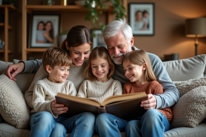 famille-generations-salon Famille multigeneration souriante dans le salon