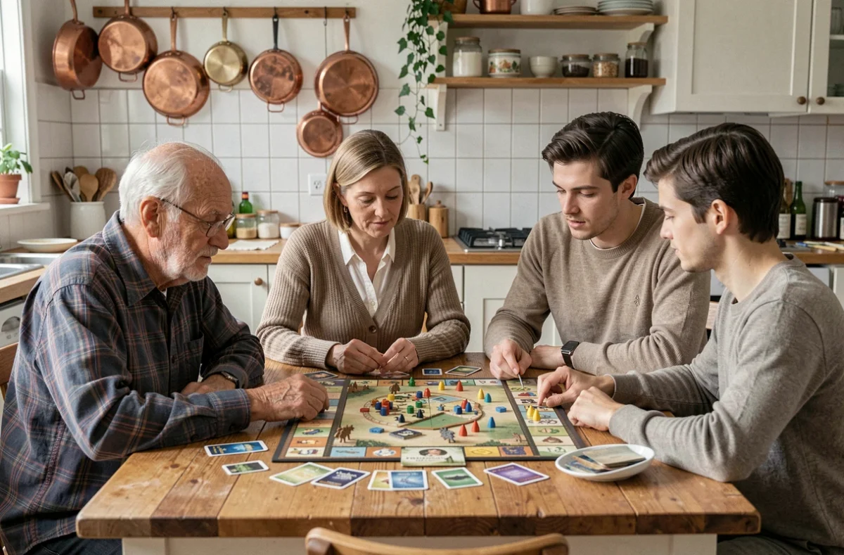Famille multigénérationnelle jouant à un jeu de stratégie autour d'une table de cuisine, partage intergénérationnel autour d'un jeu de société