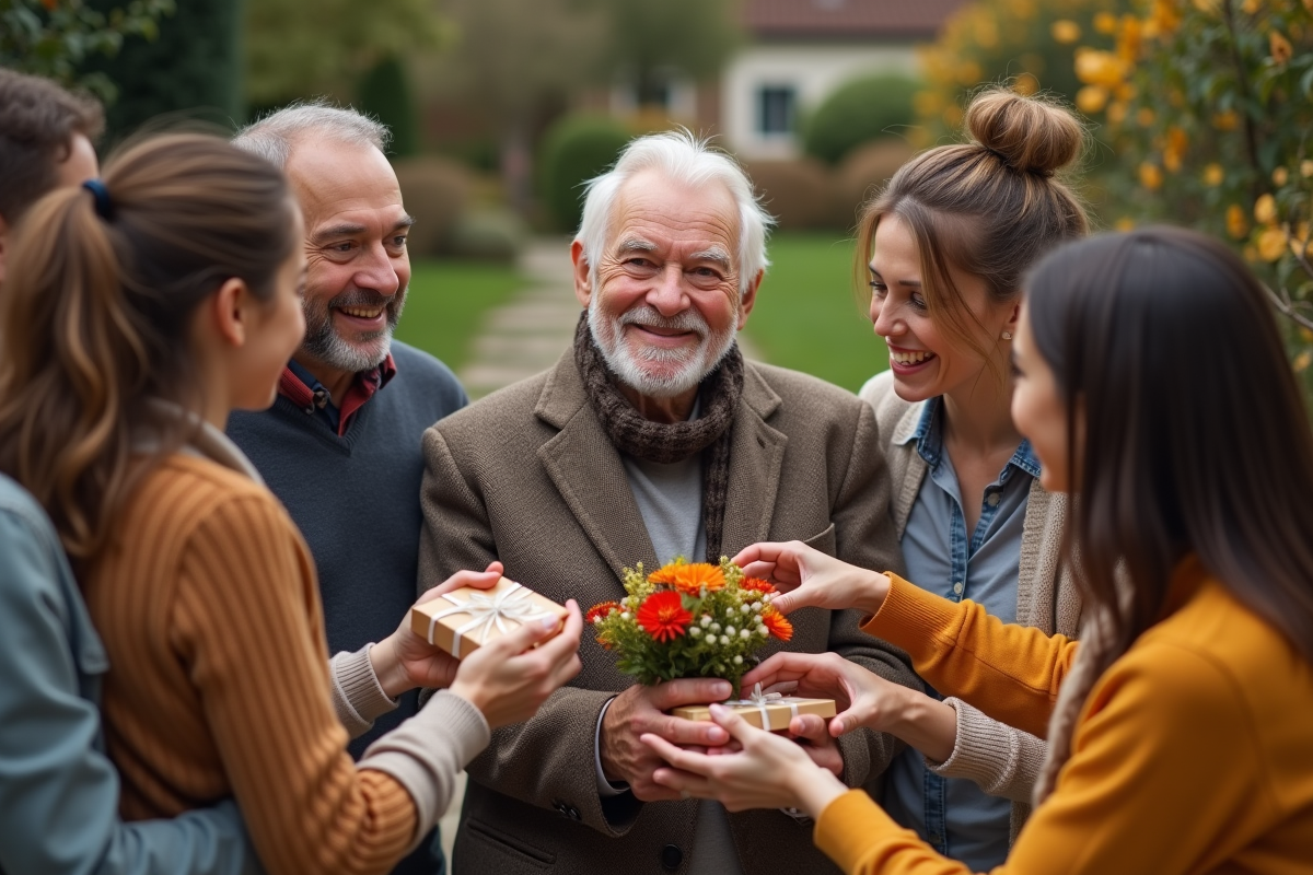 Famille multigenerations dans un jardin en automne