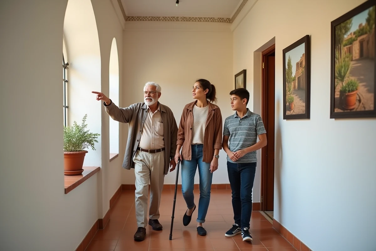 Une famille marocaine visite les couloirs d'une maison de retraite au Maroc avant l'installation d'un proche âgé