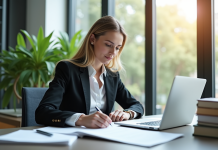 Femme d'affaires confiante travaillant à un bureau lumineux