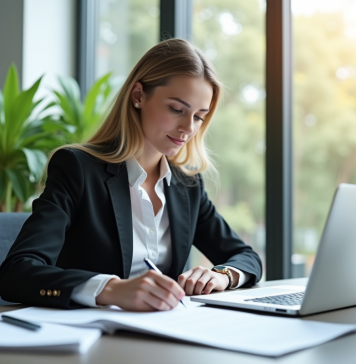 Femme d'affaires confiante travaillant à un bureau lumineux