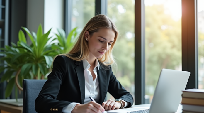 Femme d'affaires confiante travaillant à un bureau lumineux