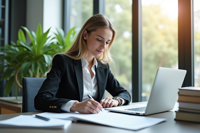 femme-affaires-documents-laptop Femme d'affaires confiante travaillant à un bureau lumineux