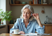 Meilleurs appareils auditifs : performance et efficacité garanties ! Femme mature ajustant son appareil auditif dans la cuisine lumineuse