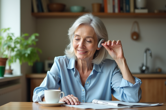 Femme mature ajustant son appareil auditif dans la cuisine lumineuse