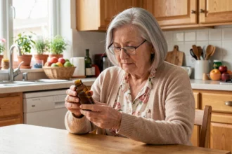 Femme âgée examinant un complément alimentaire dans sa cuisine, cherchant à identifier les carences nutritionnelles