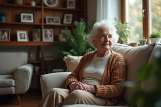 Femme agee contemplant la fenetre dans un salon chaleureux