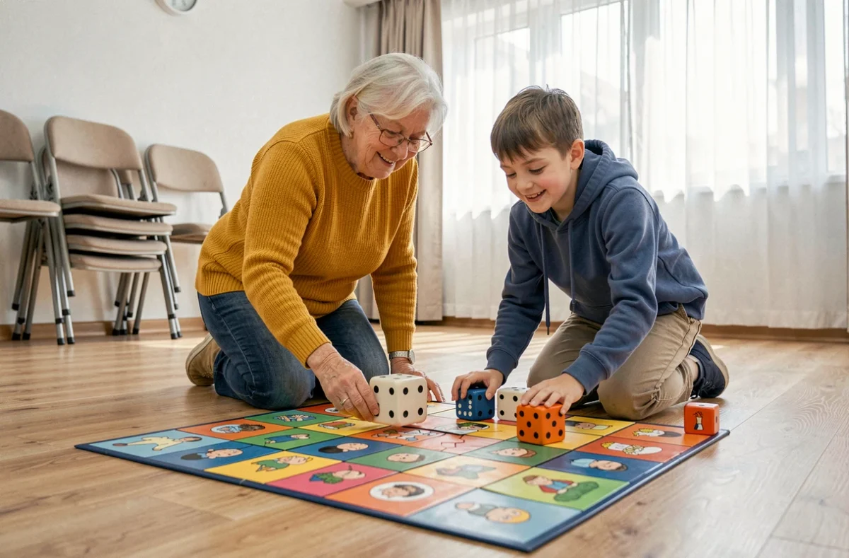Une femme âgée et un jeune enfant jouent ensemble à un grand jeu de plateau par terre dans un centre communautaire, lien intergénérationnel par le jeu