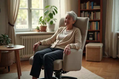 Femme âgée se relevant d'un fauteuil releveur électrique dans un salon, illustrant l'autonomie et le remboursement Sécurité sociale pour les personnes en situation de handicap
