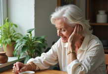 Femme âgée appliquant une huile capillaire naturelle