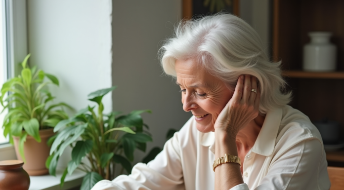 Femme âgée appliquant une huile capillaire naturelle