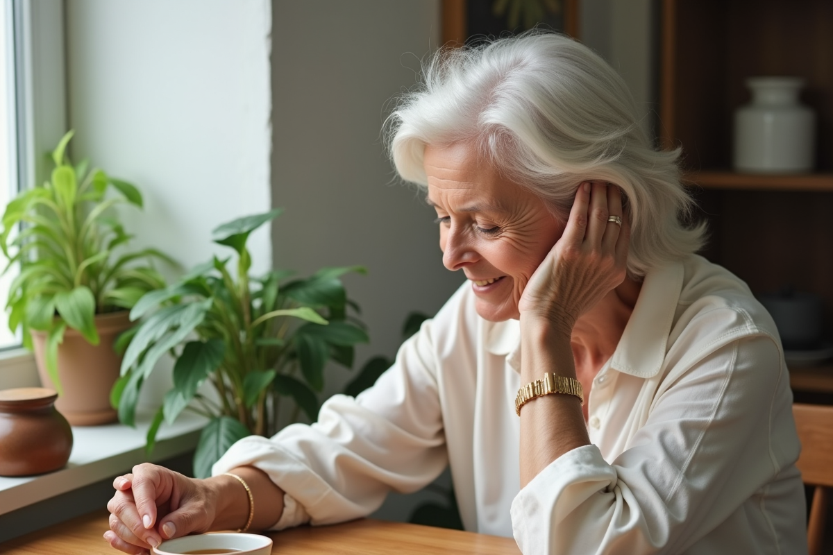 Femme âgée appliquant une huile capillaire naturelle