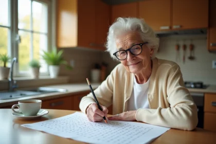 Femme âgée résolvant des mots mêlés en grand format imprimés sur papier à une table en bois